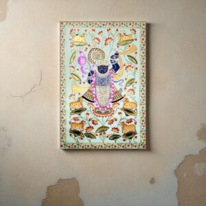 Shrinath Ji with Kamdhenu & Lotus (Light Teal)