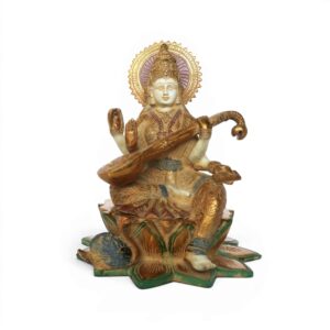 Saraswati Ji With Veena White & Gold Patina Finish