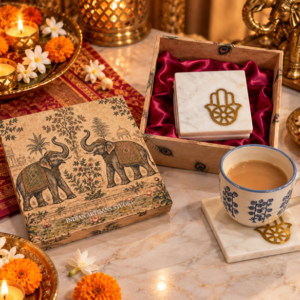 Square White Marble Coaster Set with Gold Hamsa Inlay | Elephant Heritage Gift Box