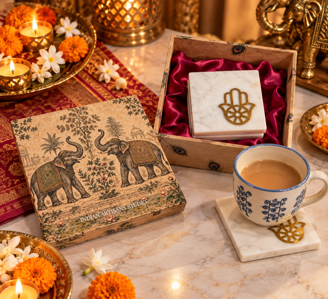 Square White Marble Coaster Set with Gold Hamsa Inlay | Elephant Heritage Gift Box