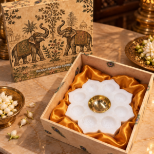 Marble Floral Pooja Thali with Brass Bowl | Elephant Heritage Gift Box