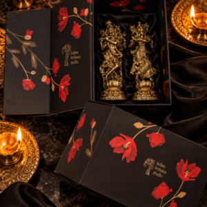 Antique Brass Radha Krishna Idol Set | Floral Black Heritage Gift Box
