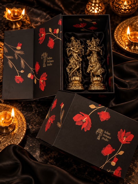Antique Brass Radha Krishna Idol Set | Floral Black Heritage Gift Box