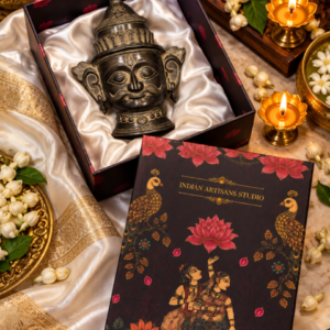 Premium Dark Antique Brass Guardian Deity Face Idol | Lotus & Peacock Heritage Gift Box