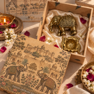 Antique Brass Royal Elephant & Floral Diya Set | Heritage Gift Box