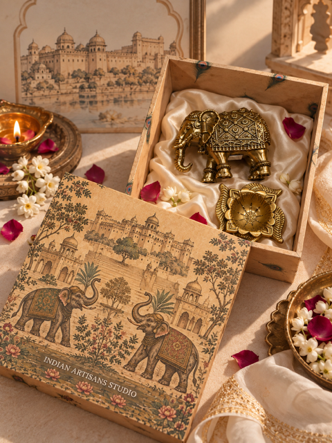Antique Brass Royal Elephant & Floral Diya Set | Heritage Gift Box