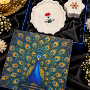 Premium Marble Inlay Floral Tray & Coaster Set | Peacock Heritage Gift Box