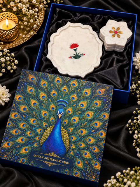 Premium Marble Inlay Floral Tray & Coaster Set | Peacock Heritage Gift Box