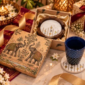 White Marble Coaster Set with Wooden Holder & Gold Inlay | Elephant Heritage Gift Box