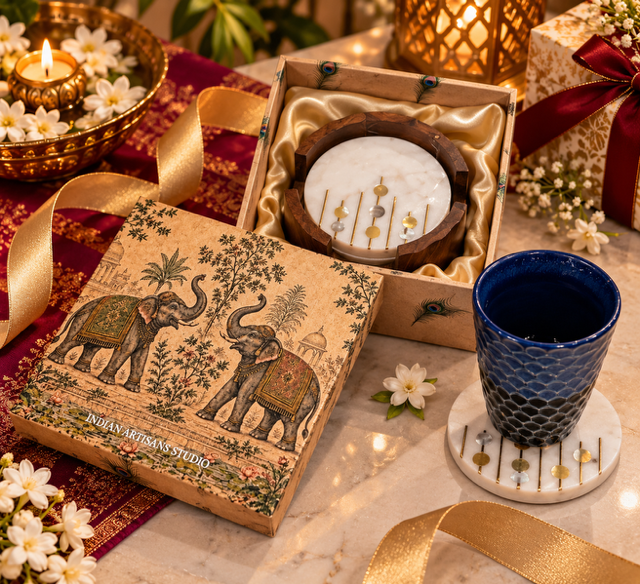 White Marble Coaster Set with Wooden Holder & Gold Inlay | Elephant Heritage Gift Box