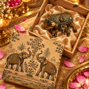 Antique Finish Kamdhenu Cow & Calf Idol | Elephant Heritage Gift Box