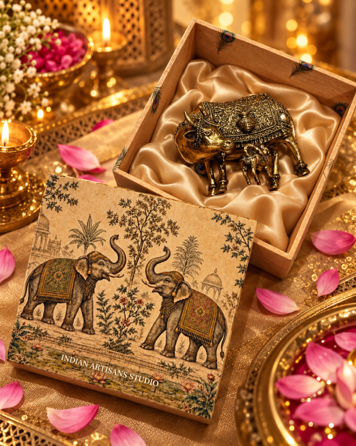 Antique Finish Kamdhenu Cow & Calf Idol | Elephant Heritage Gift Box
