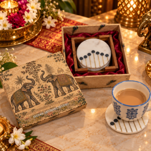 Premium White Marble Coaster Set with Wooden Holder & Geometric Inlay | Elephant Heritage Gift Box