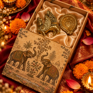 Antique Brass Kamadhenu Idol & Engraved Diya Pooja Set | Elephant Heritage Gift Box