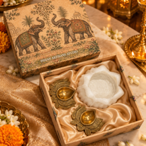 Marble Lotus Bowl & Brass Diya Set | Elephant Heritage Gift Box