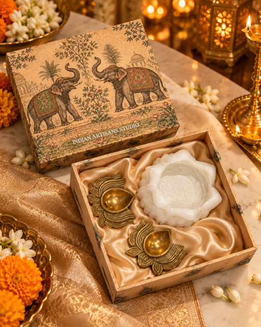 Marble Lotus Bowl & Brass Diya Set | Elephant Heritage Gift Box