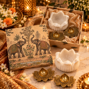 Royal Marble Lotus Bowl & Brass Diya Festive Gift Box | Indian Artisans Studio