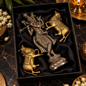 Antique Silver Krishna & Brass Cow Idol Set | Luxury Black Gift Box