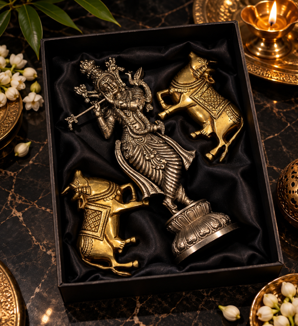 Antique Silver Krishna & Brass Cow Idol Set | Luxury Black Gift Box