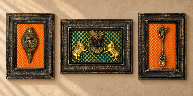 Set of 3 Framed Divine Wall Art | Krishna, Ganesha & Shankh