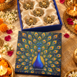 Premium Set of 5 Brass Lotus Diyas | Peacock Heritage Gift Box