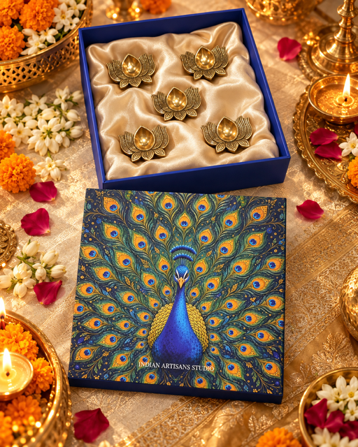 Premium Set of 5 Brass Lotus Diyas | Peacock Heritage Gift Box