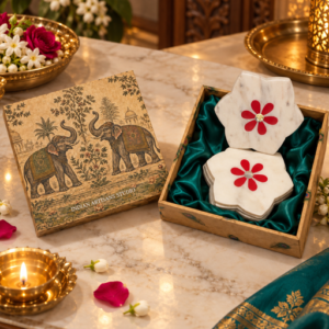 Premium White Marble Floral Coaster Set with Red Inlay | Elephant Heritage Gift Box