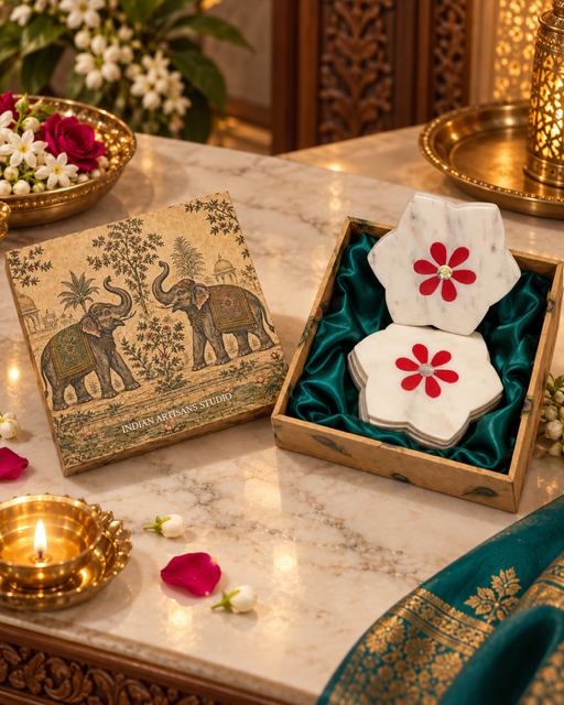 Premium White Marble Floral Coaster Set with Red Inlay | Elephant Heritage Gift Box