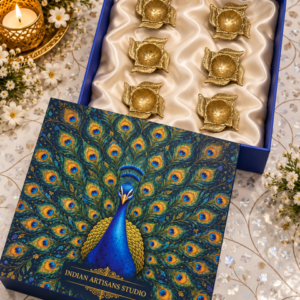 Premium Set of 6 Brass Floral Diyas | Peacock Heritage Gift Box