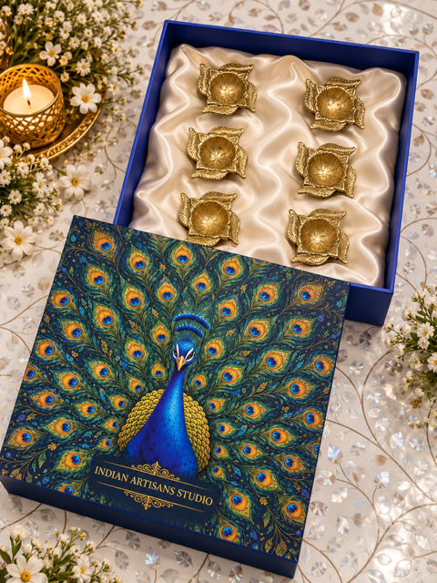 Premium Set of 6 Brass Floral Diyas | Peacock Heritage Gift Box
