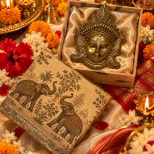 Antique Brass Goddess Durga Face Wall Hanging | Elephant Heritage Gift Box