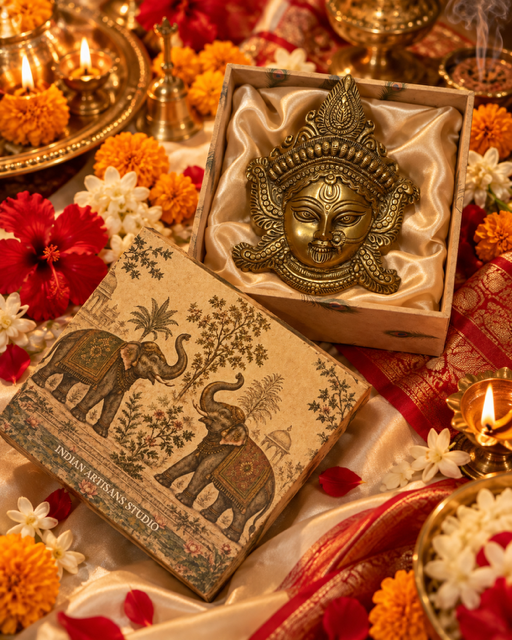 Antique Brass Goddess Durga Face Wall Hanging | Elephant Heritage Gift Box