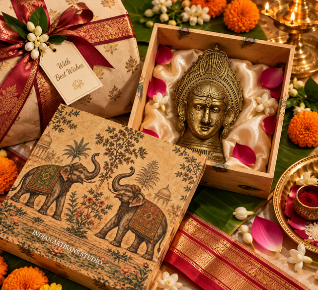 Antique Brass Goddess Devi Face Idol | Elephant Heritage Gift Box
