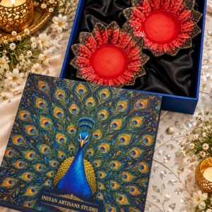 Set of 2 Red Ceramic Lotus Pooja Bowls | Peacock Heritage Gift Box