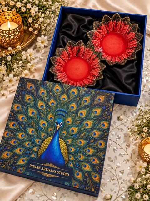 Set of 2 Red Ceramic Lotus Pooja Bowls | Peacock Heritage Gift Box