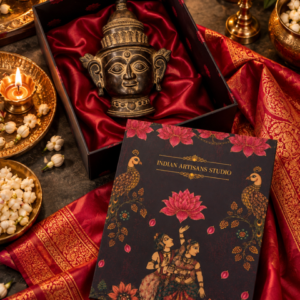 Dark Antique Brass Folk Deity Face Idol | Lotus & Peacock Heritage Gift Box