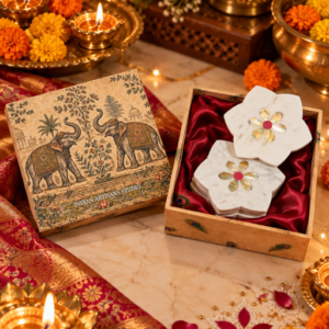 White Marble Floral Coaster Set with Inlay | Elephant Heritage Gift Box