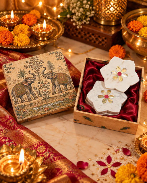 White Marble Floral Coaster Set with Inlay | Elephant Heritage Gift Box
