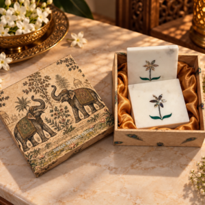 White Marble Floral Inlay Coaster Set | Elephant Heritage Gift Box