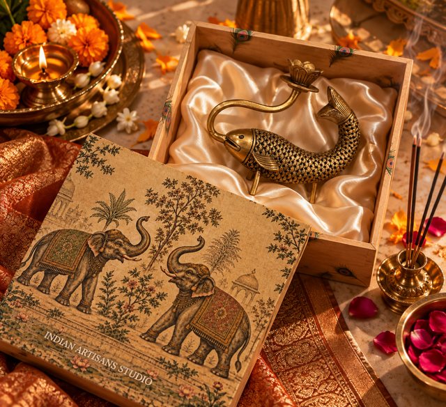 Premium Antique Brass Matsya (Fish) Tealight Holder | Elephant Heritage Gift Box