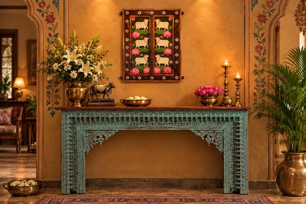 Pichwai Wall Window with Nandi & Lotus – Traditional Indian Handcrafted Wall Decor