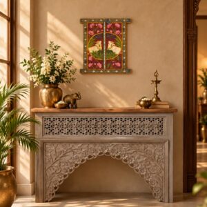 Handpainted Wooden Jharokha Window Frame with Lotus & Kamdhenu Pichwai Art
