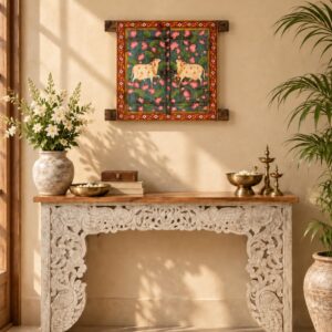 Handpainted Wooden Jharokha Window Frame with Lotus & Kamdhenu Pichwai Art (27" x 29.5")