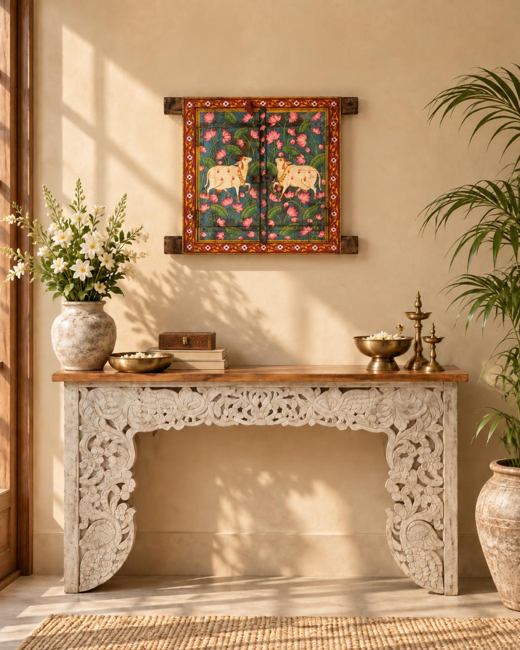 Handpainted Wooden Jharokha Window Frame with Lotus & Kamdhenu Pichwai Art (27" x 29.5")