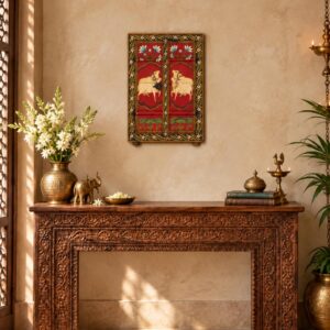 Hand painted Wooden Jharokha Window Frame with Lotus & Kamdhenu Pichwai Art (25" x 17")
