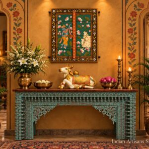 Vintage window with Pichwai art (Krishna)