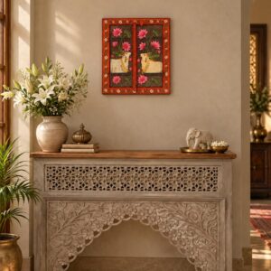 Handpainted Wooden Jharokha Window Frame with Lotus & Kamdhenu Pichwai Art (20.5" x 18.5")