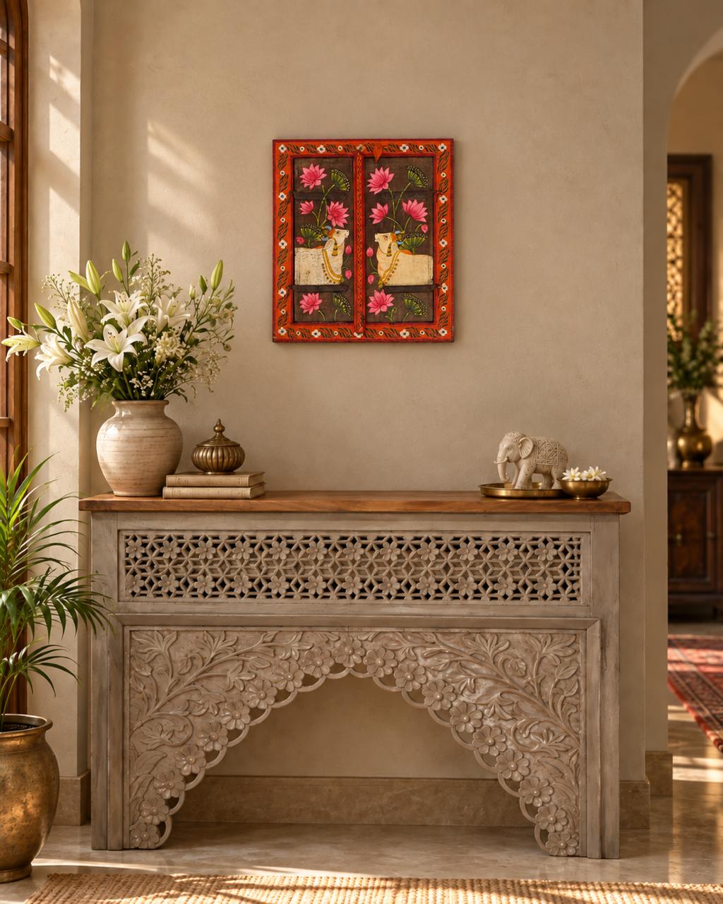 Handpainted Wooden Jharokha Window Frame with Lotus & Kamdhenu Pichwai Art (20.5" x 18.5")