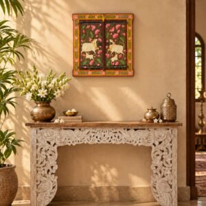 Hand painted Wooden Jharokha Window Frame with Rose Border Lotus & Kamdhenu Pichwai Art (24" x 23")