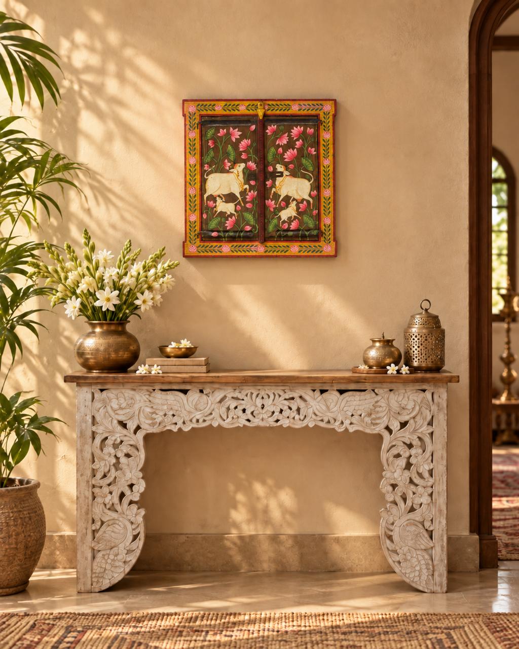 Hand painted Wooden Jharokha Window Frame with Rose Border Lotus & Kamdhenu Pichwai Art (24" x 23")